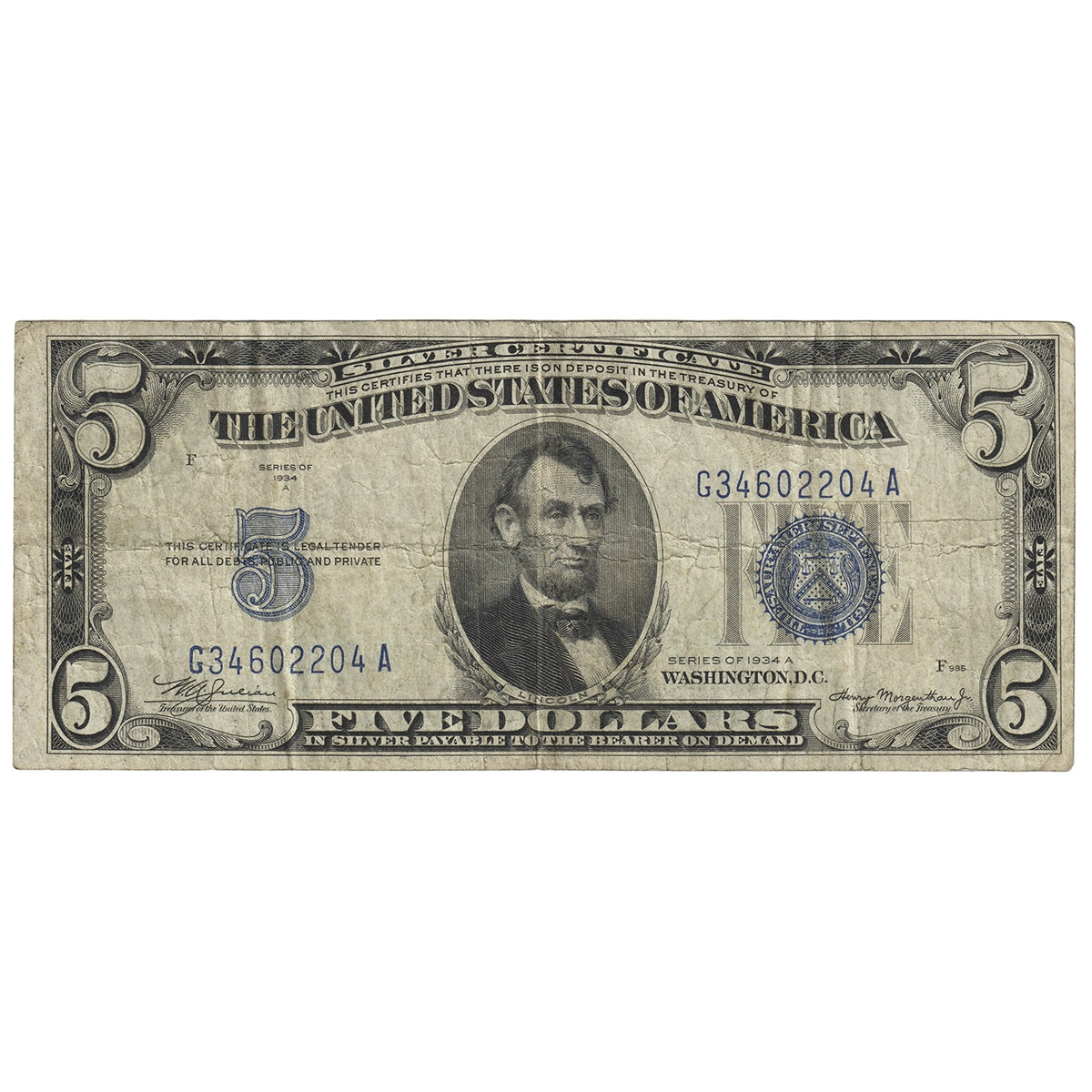 USA 1934A $5 Note, FR #1651, Julian-Morgenthau, Silver Certificate, F-VF