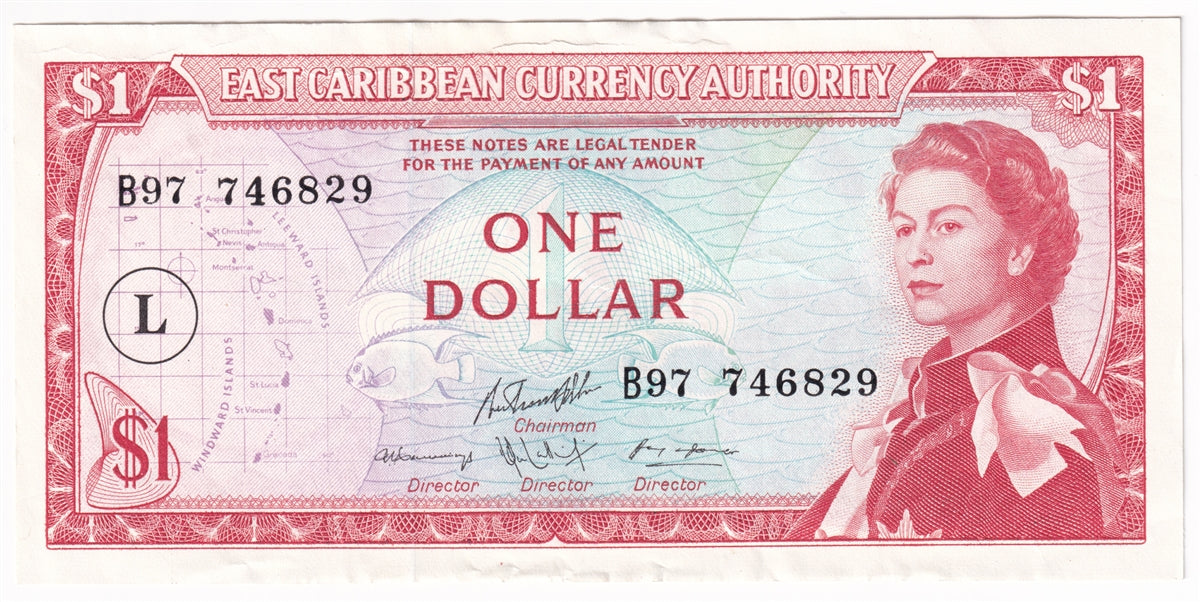East Caribbean States 1965 1 Dollar Note, Pick #13l Signature 1, L Overprint, AU
