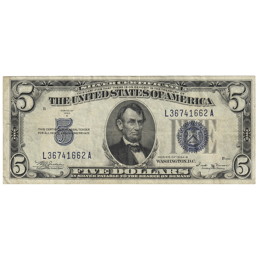 USA 1934B $5 Note, FR #1652, Julian-Vinson, Silver Certificate, VF-EF