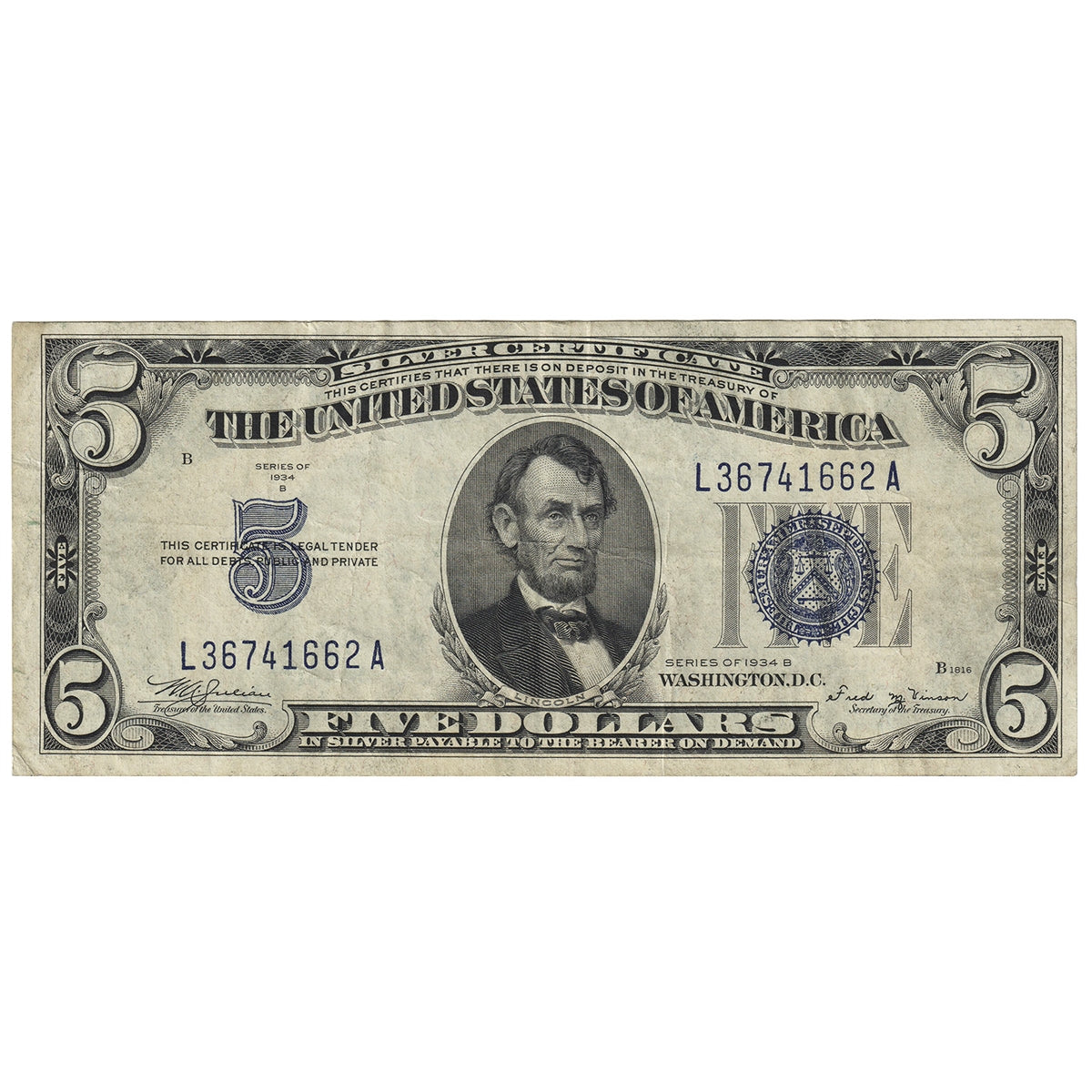 USA 1934B $5 Note, FR #1652, Julian-Vinson, Silver Certificate, VF-EF
