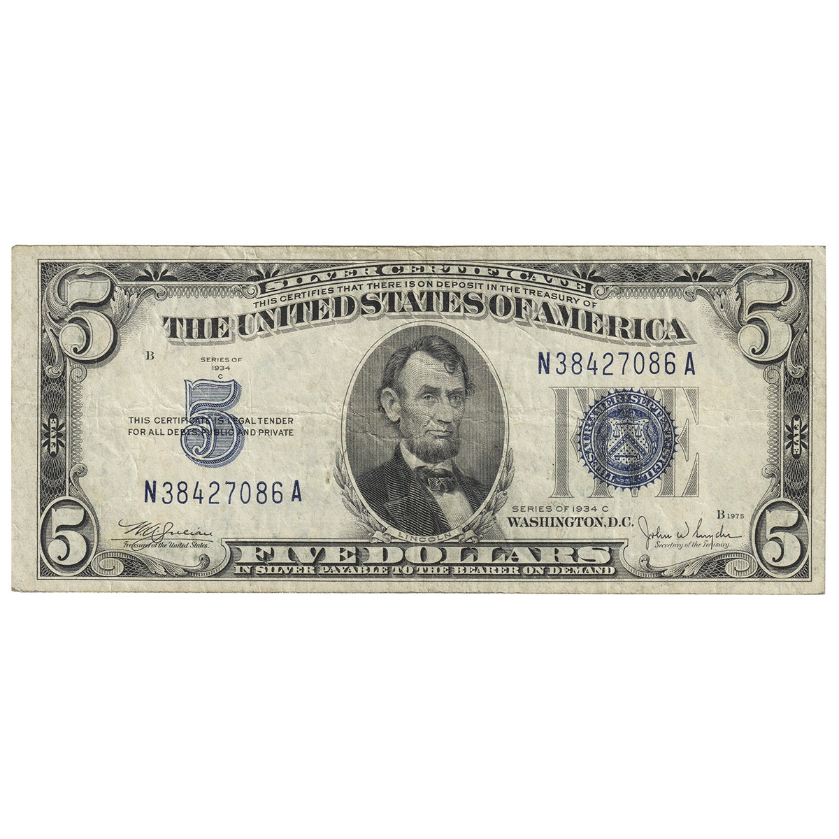 USA 1934C $5 Note, FR #1653, Julian-Snyder, Silver Certificate, VF