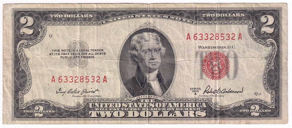USA 1953A $2 Note, FR #1510, Priest-Anderson, F-VF