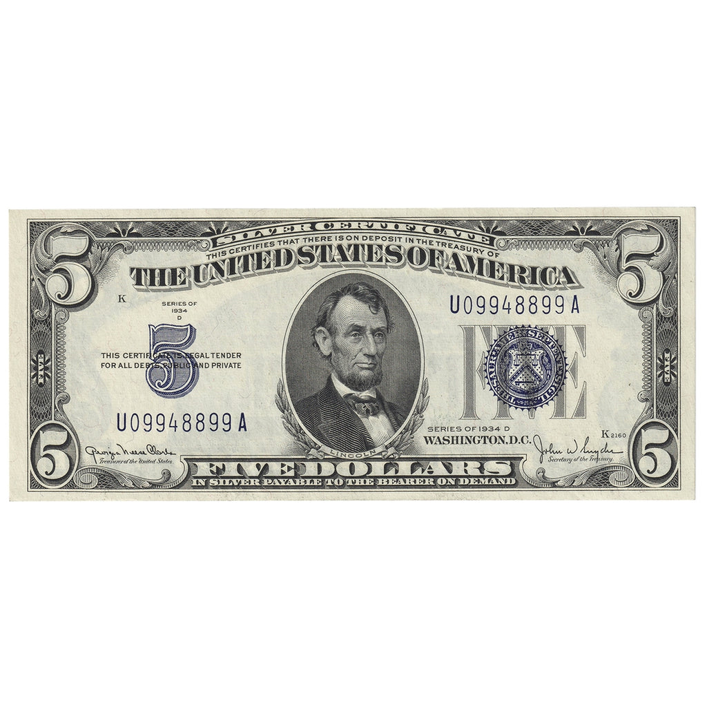 USA 1934D $5 Note, FR #1654, Clark-Snyder, Silver Certificate, AU