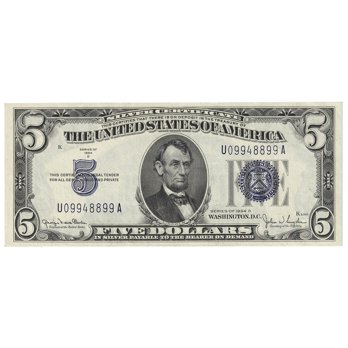 USA 1934D $5 Note, FR #1654, Clark-Snyder, Silver Certificate, AU