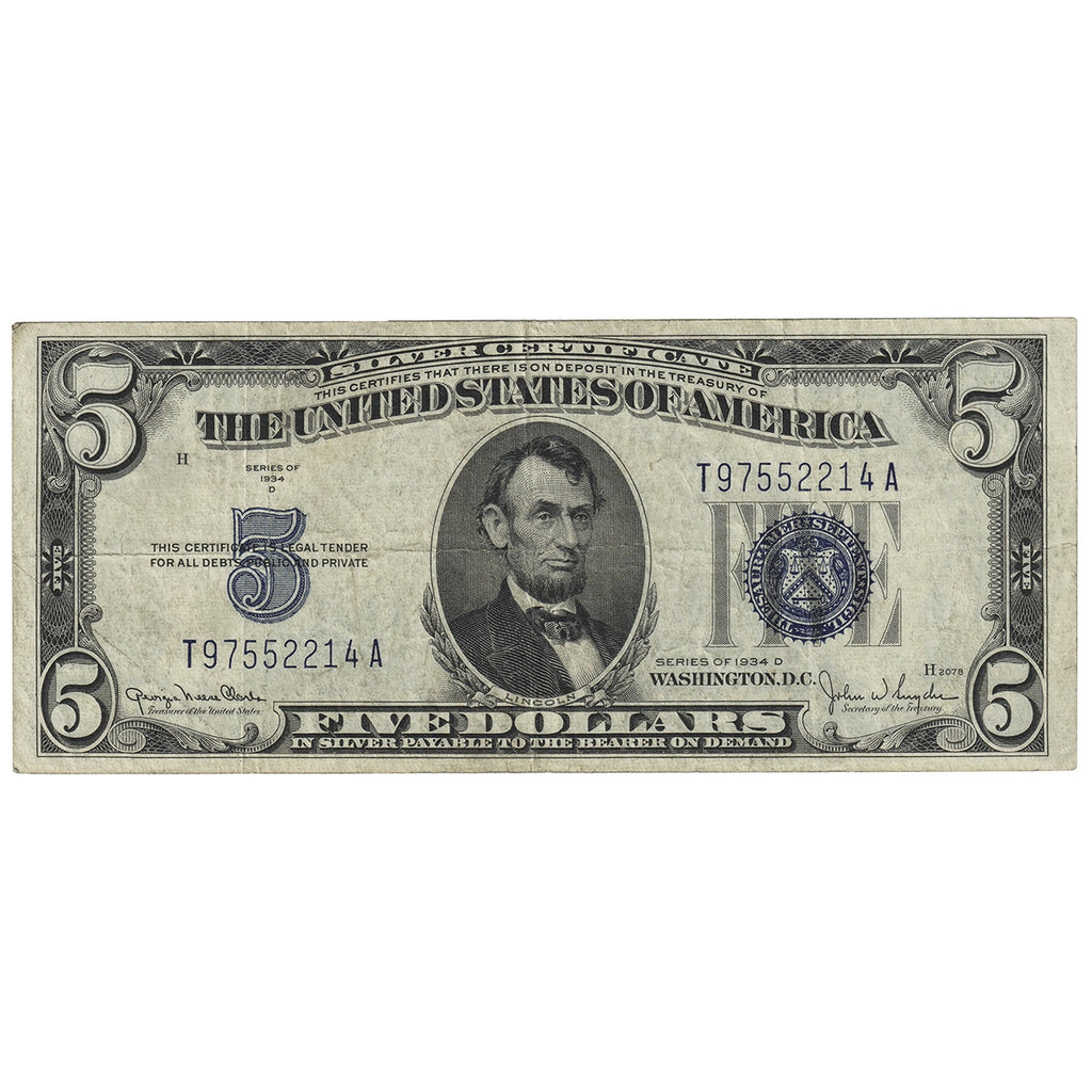 USA 1934D $5 Note, FR #1654, Clark-Snyder, Silver Certificate, VF