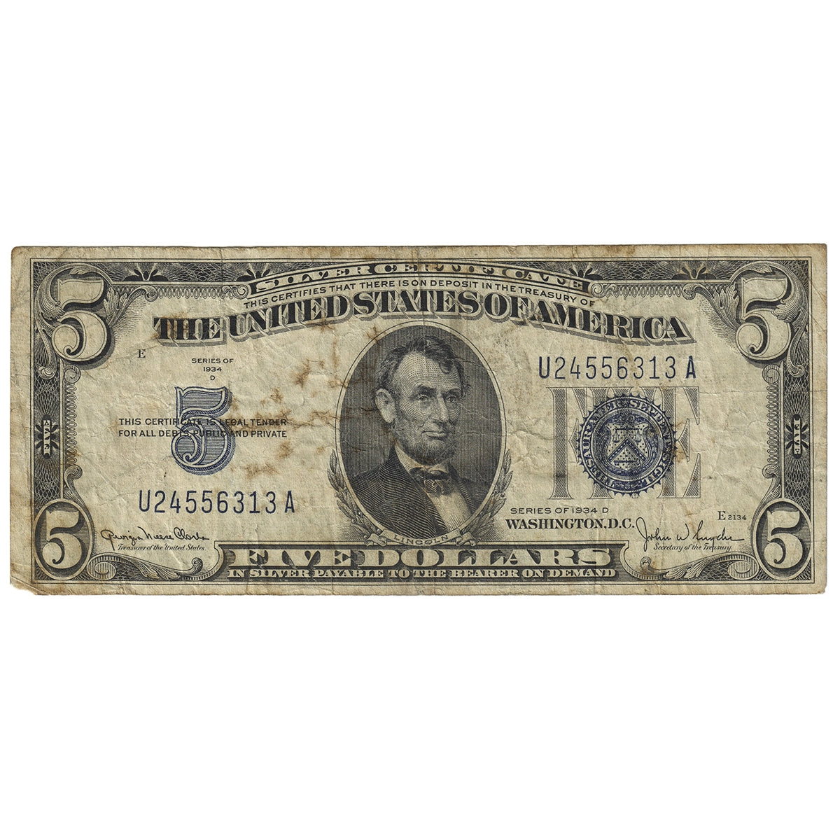 USA 1934D $5 Note, FR #1654, Clark-Snyder, Silver Certificate, CIRC