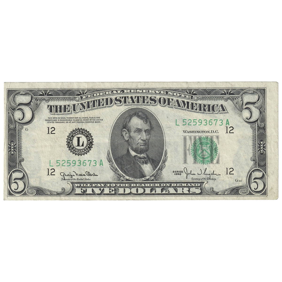USA 1950 $5 Note, FR #1961L, Clark-Snyder, San Francisco, VF-EF