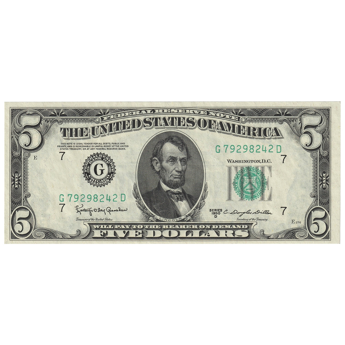 USA 1950 $5 Note, FR #1965G, Granahan-Dillon, Chicago, UNC