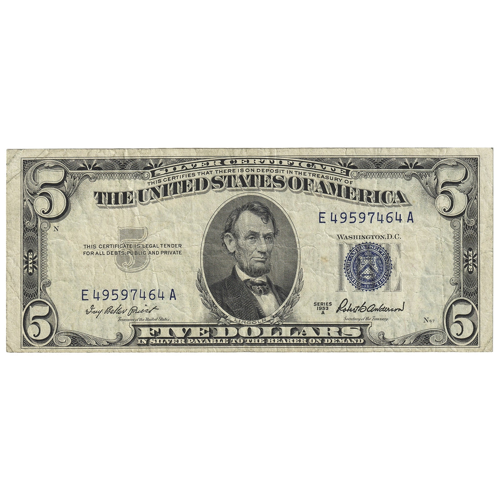 USA 1953A $5 Note, FR #1533, Priest-Anderson, Silver Certificate, VF