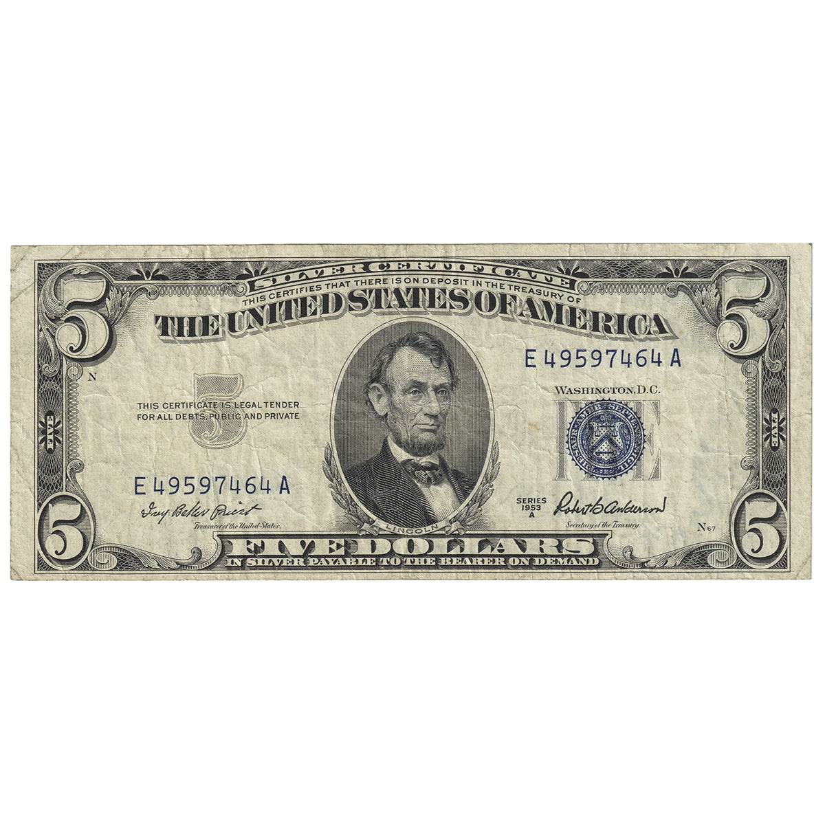 USA 1953A $5 Note, FR #1533, Priest-Anderson, Silver Certificate, VF