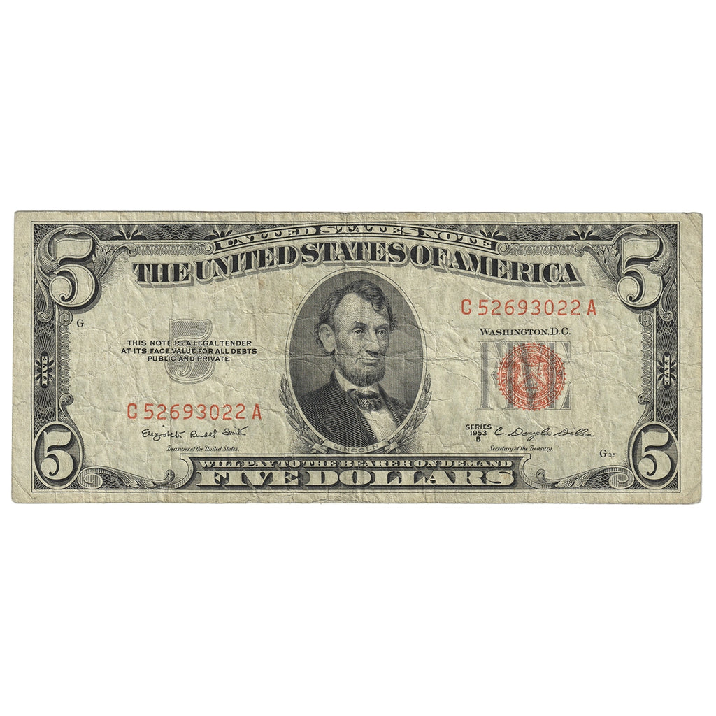 USA 1953B $5 Note, FR #1534, Smith-Dillon, United States Note, F-VF