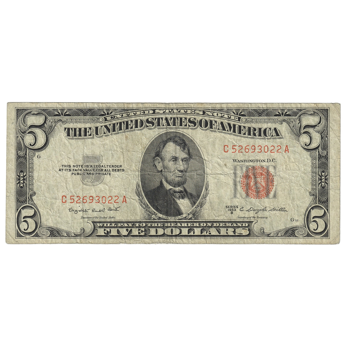 USA 1953B $5 Note, FR #1534, Smith-Dillon, United States Note, F-VF