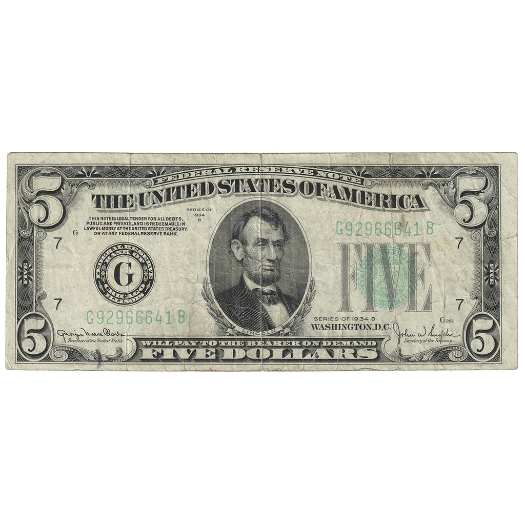 USA 1934D $5 Note, FR #1960G, Clark-Snyder, Chicago, CIRC