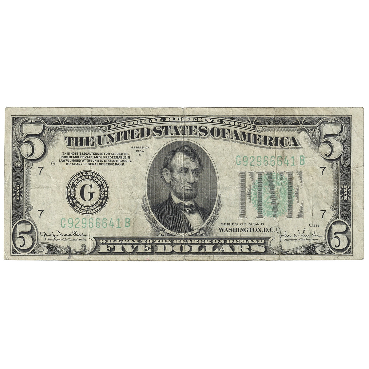 USA 1934D $5 Note, FR #1960G, Clark-Snyder, Chicago, CIRC