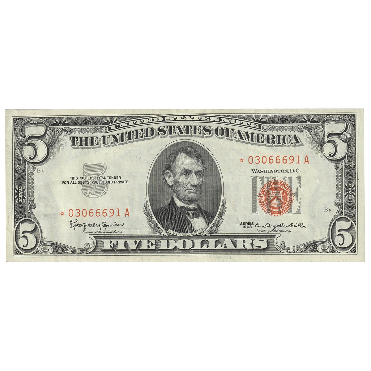 USA 1963 $5 Note, FR #1536*, Granahan-Dillon, United States Note, Star Note, VF-EF