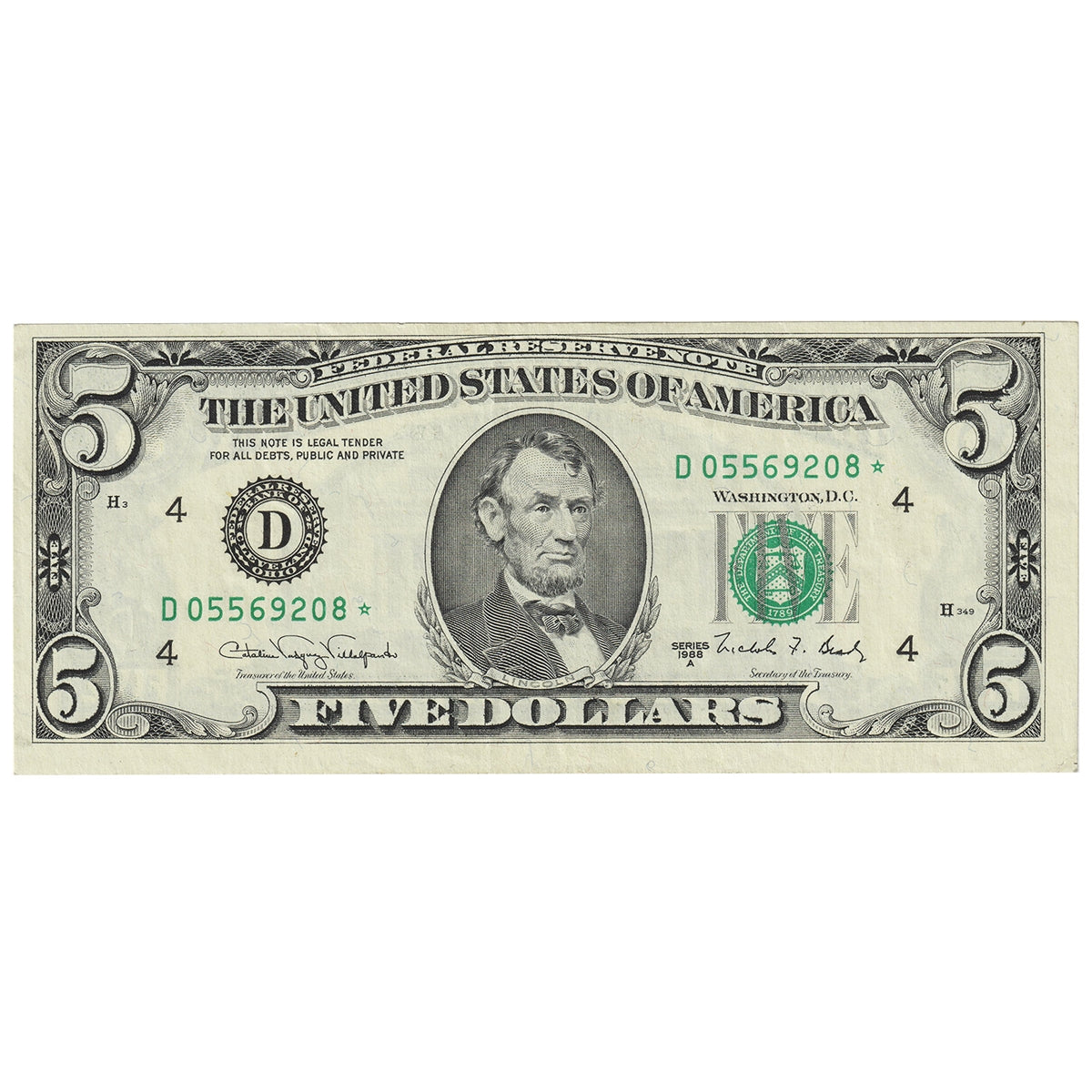 USA 1988A $5 Note, FR #1980D*, Villalpando-Brady, Star Note, Cleveland, VF-EF