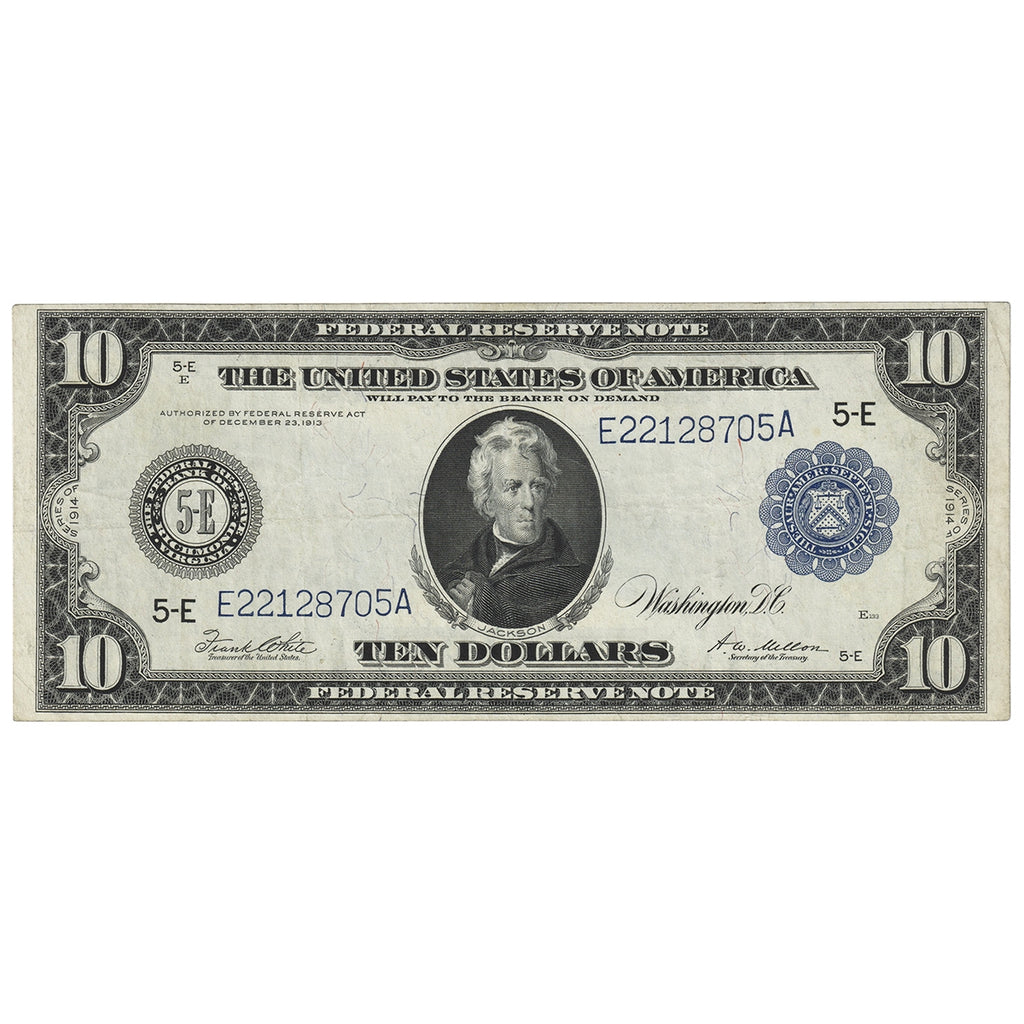USA 1914 $10 Note, FR #923, White-Mellon, Federal Reserve Note, Richmond, VF