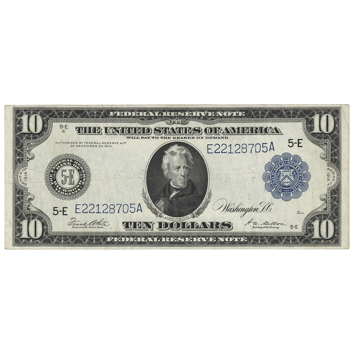 USA 1914 $10 Note, FR #923, White-Mellon, Federal Reserve Note, Richmond, VF