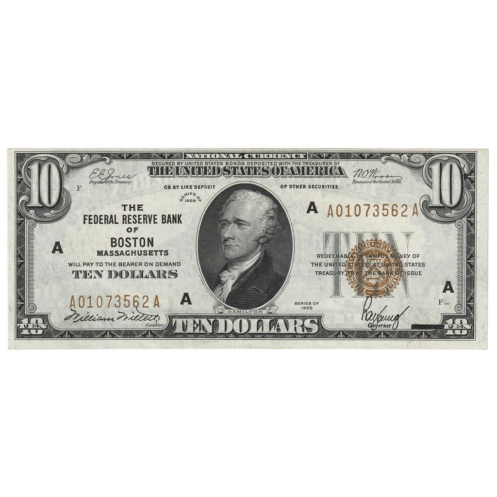 USA 1929 $10 Note, FR #1860A, Jones-Woods, Federal Reserve Bank of Boston, EF