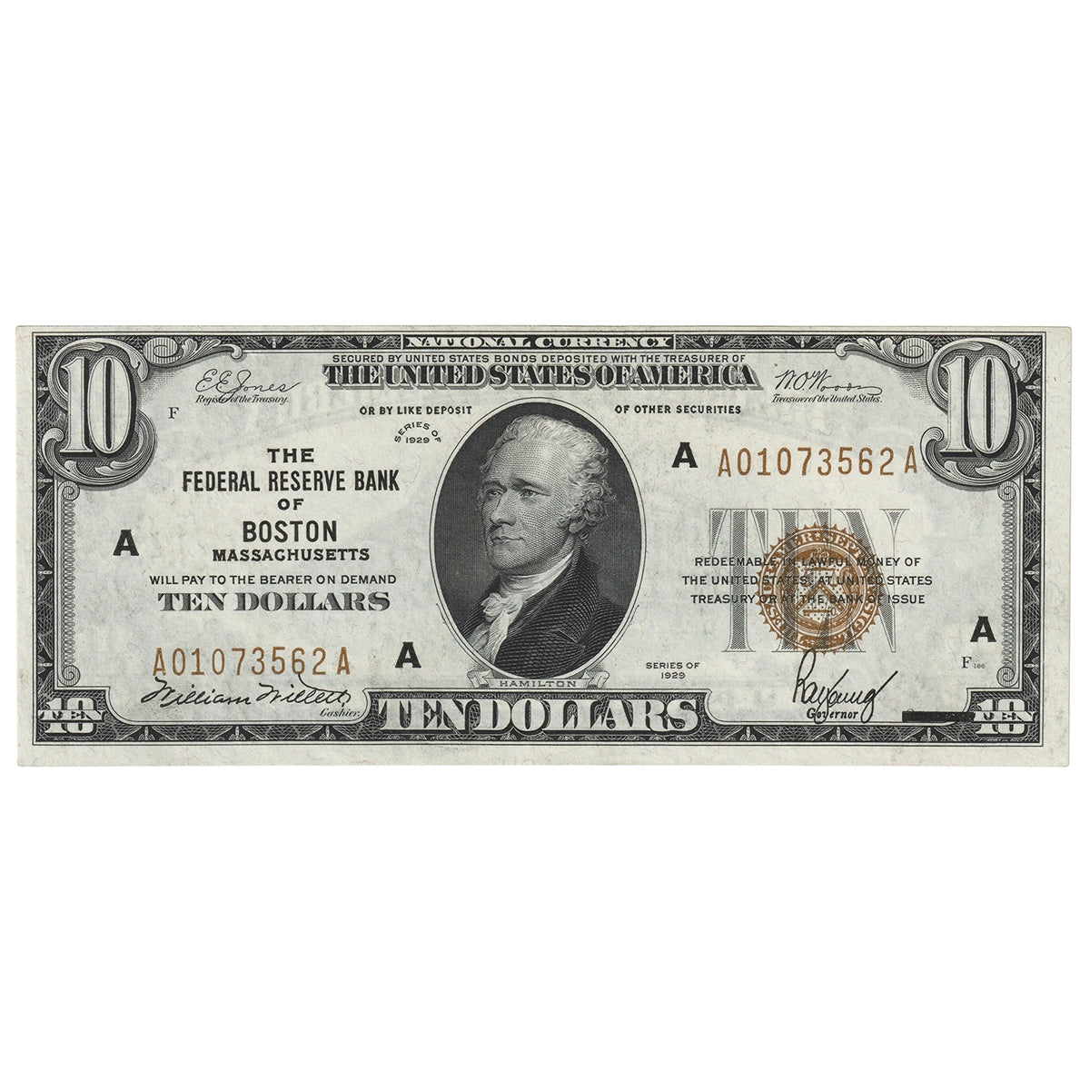 USA 1929 $10 Note, FR #1860A, Jones-Woods, Federal Reserve Bank of Boston, EF