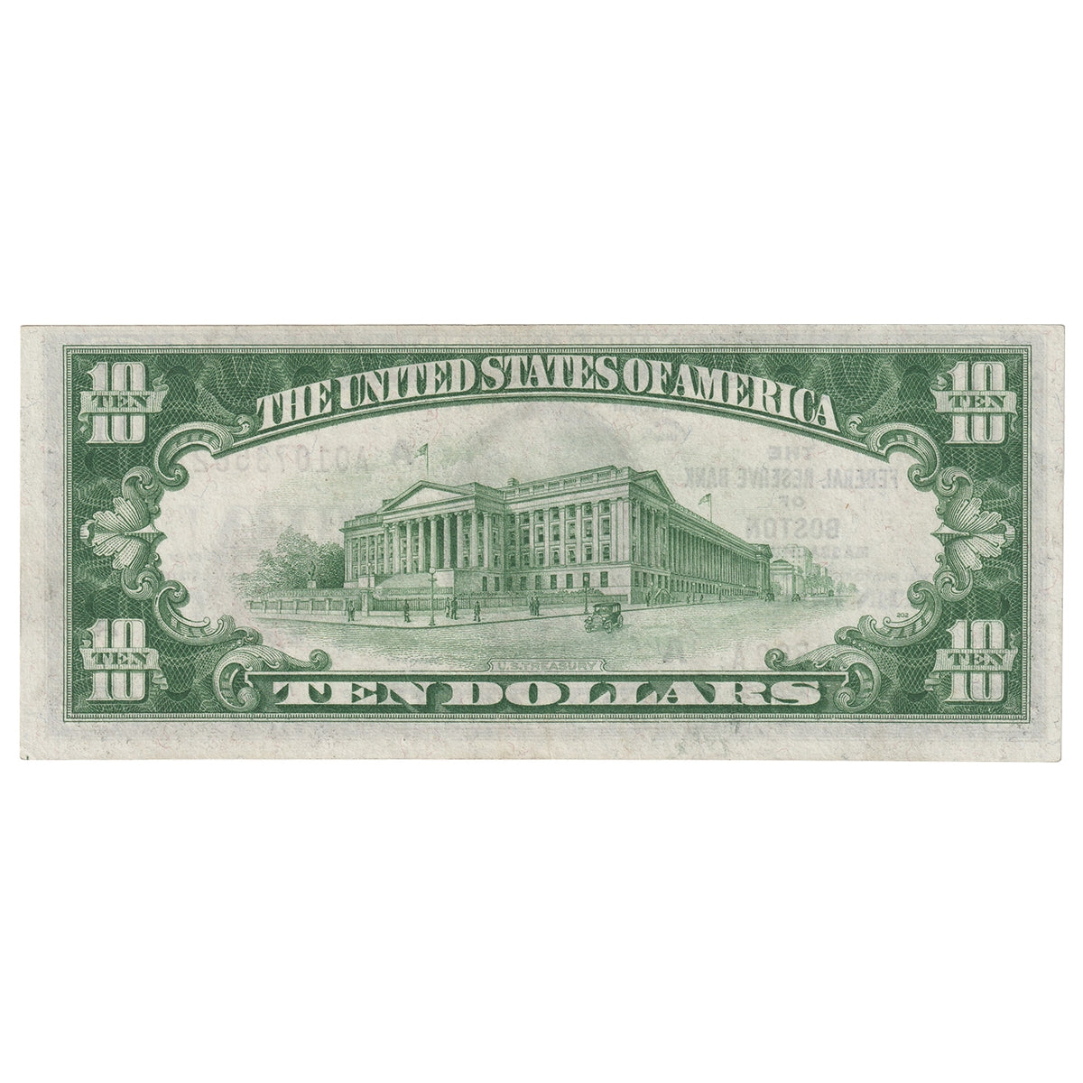 USA 1929 $10 Note, FR #1860A, Jones-Woods, Federal Reserve Bank of Boston, EF