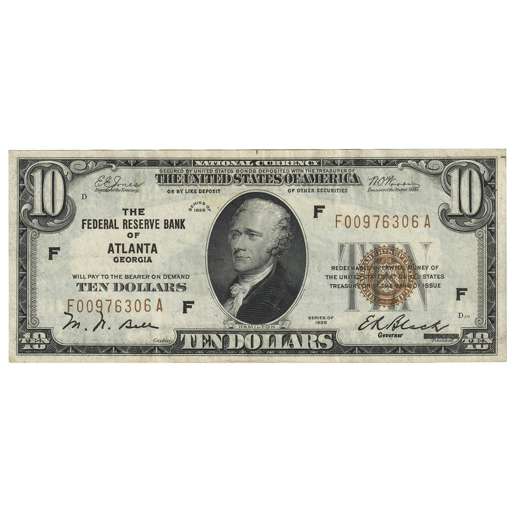 USA 1929 $10 Note, FR #1860F, Jones-Woods, Federal Reserve Bank of Atlanta, VF-EF