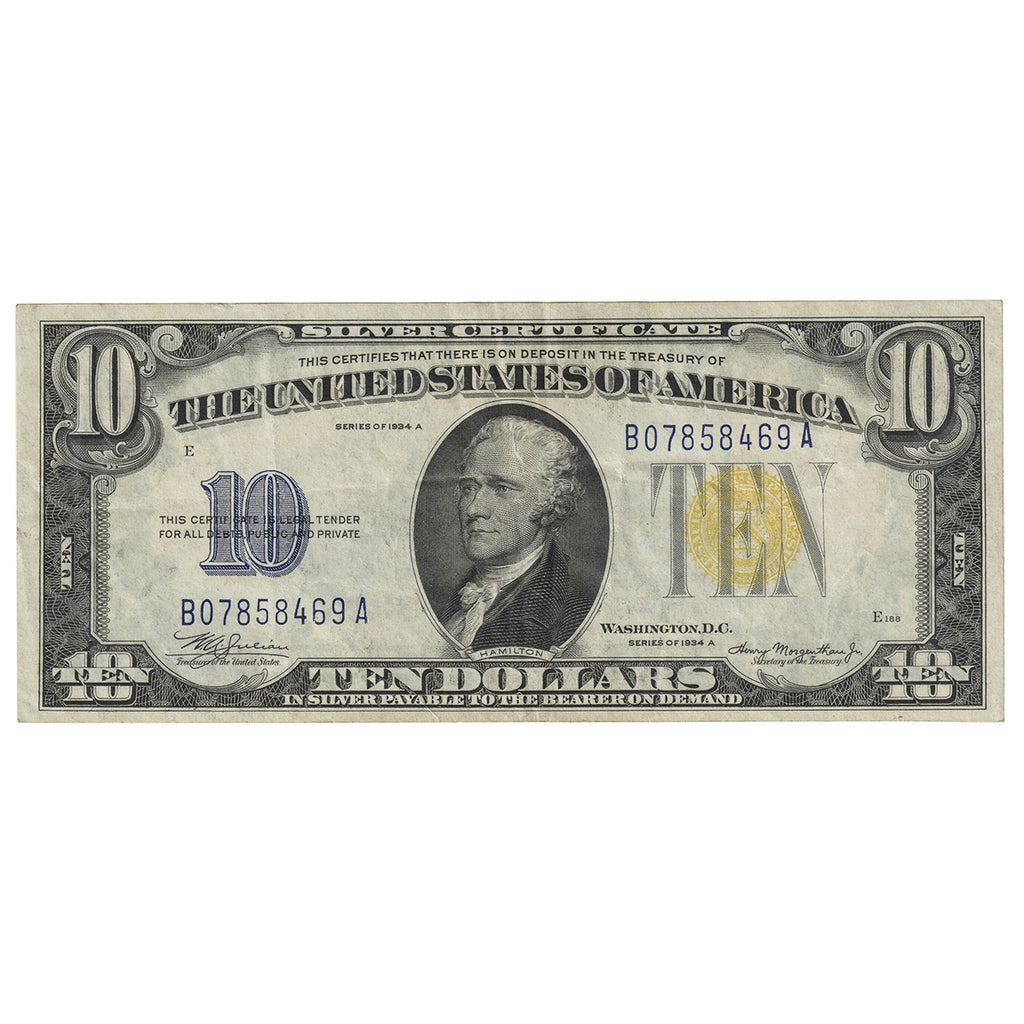 USA 1934A $10 Note, FR #1702, Julian-Morgenthau, Silver Certificate, VF-EF