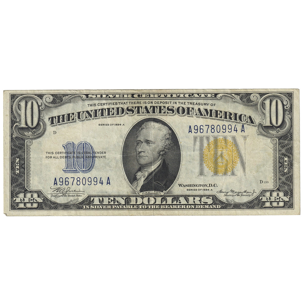 USA 1934A $10 Note, FR #1702, Julian-Morgenthau, Silver Certificate, VF