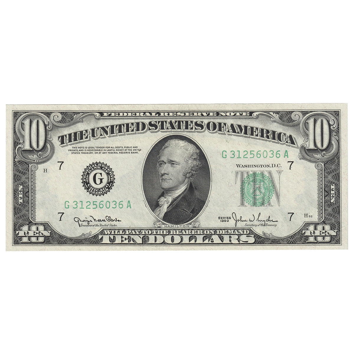 USA 1950 $10 Note, FR #2010G, Clark-Snyder, Chicago, AU-UNC