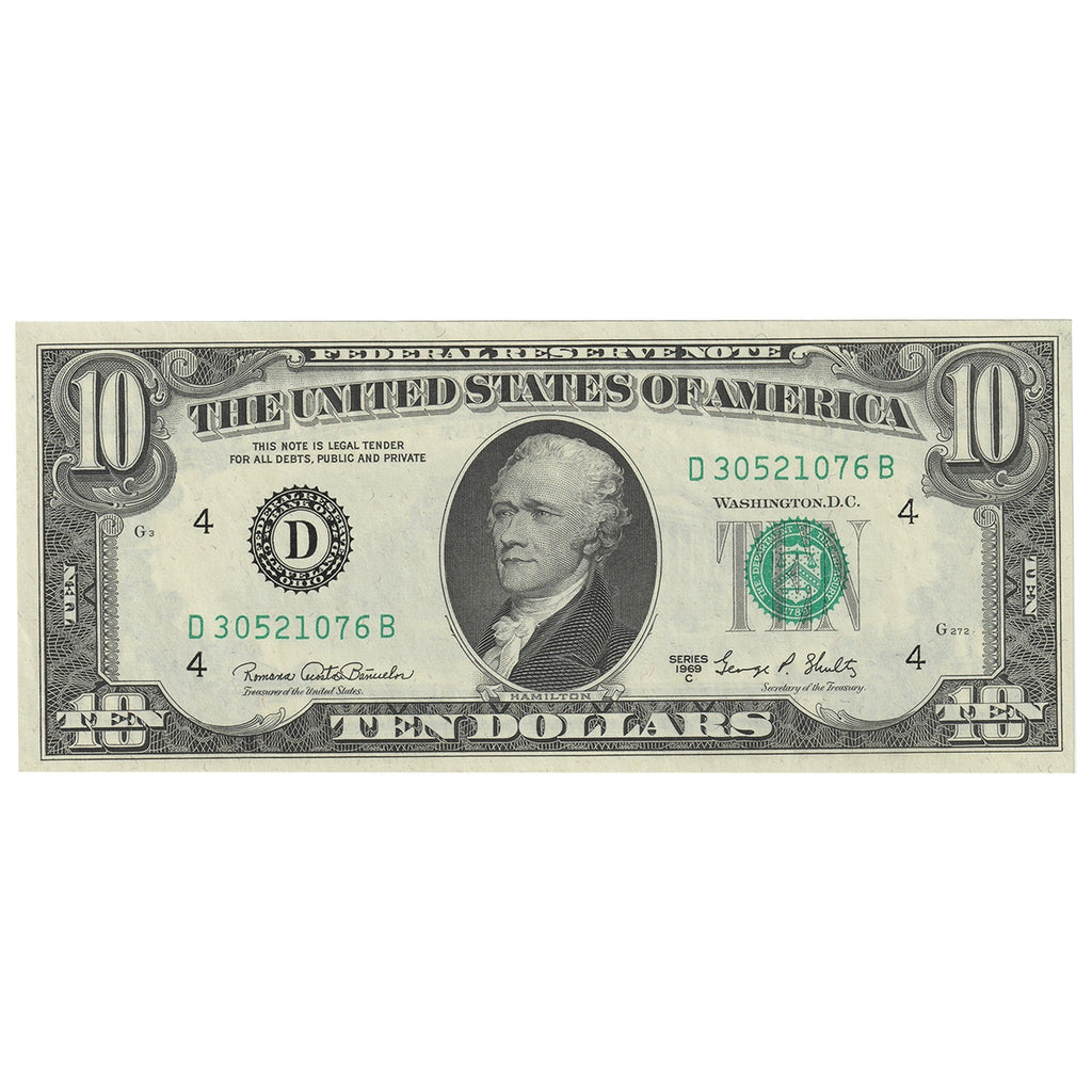 USA 1969C $10 Note, FR #2021D, Banuelos-Shultz, Cleveland, AU-UNC