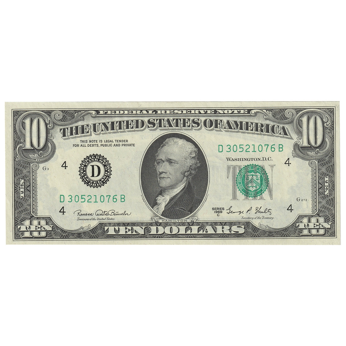 USA 1969C $10 Note, FR #2021D, Banuelos-Shultz, Cleveland, AU-UNC