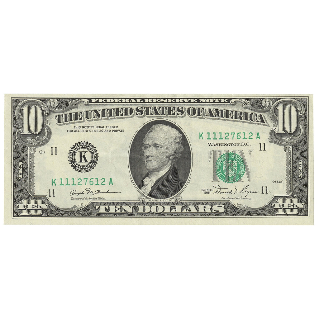 USA 1981 $10 Note, FR #2025K, Buchanan-Regan, Dallas, VF-EF