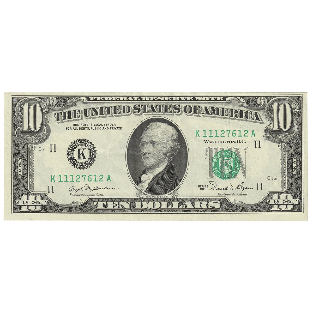 USA 1981 $10 Note, FR #2025K, Buchanan-Regan, Dallas, VF-EF