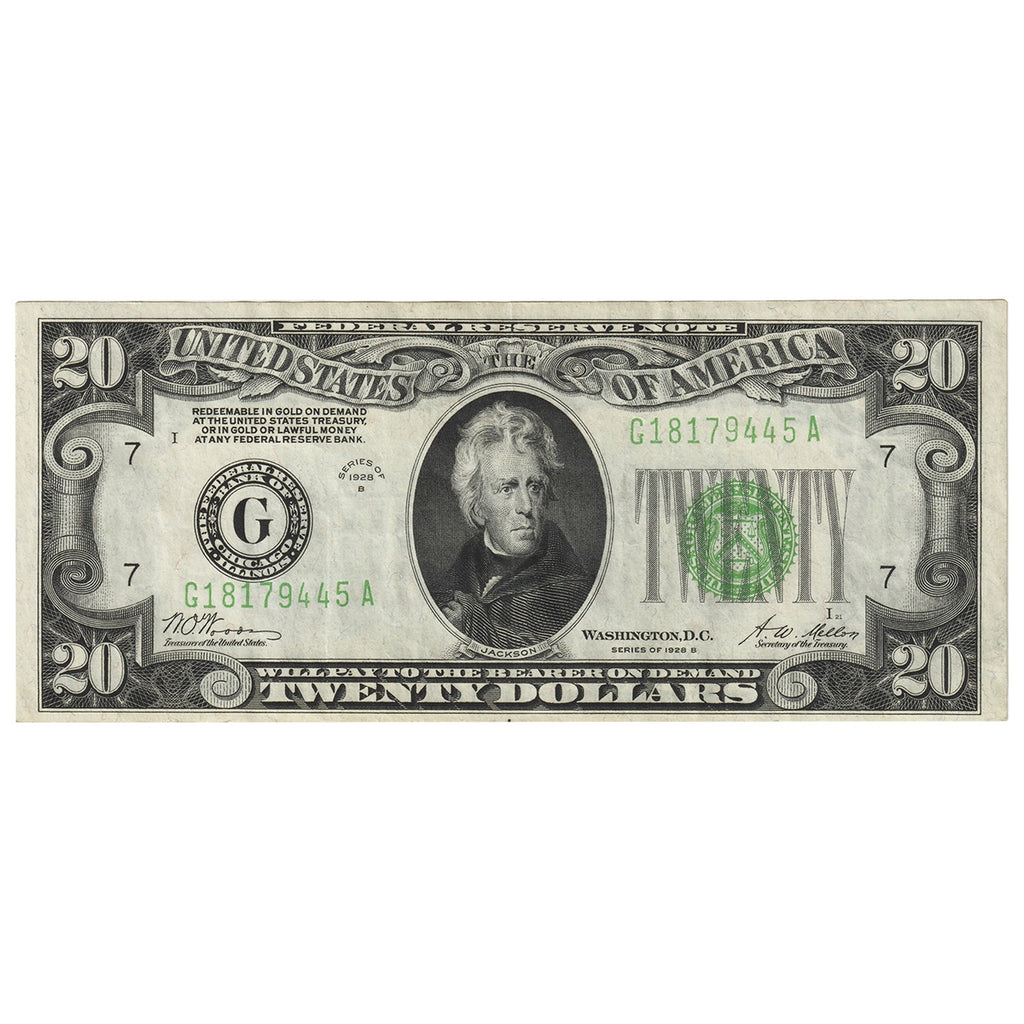 USA 1928B $20 Note, FR #2054G, Woods-Mellon, Chicago, VF-EF