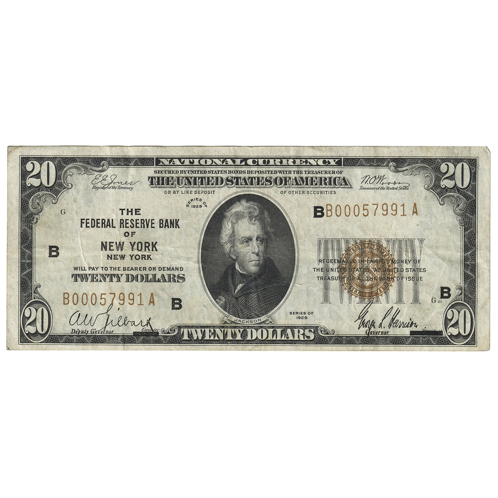 USA 1929 $20 Note, FR #1870B, Jones-Woods, Federal Reserve Bank of New York, VF