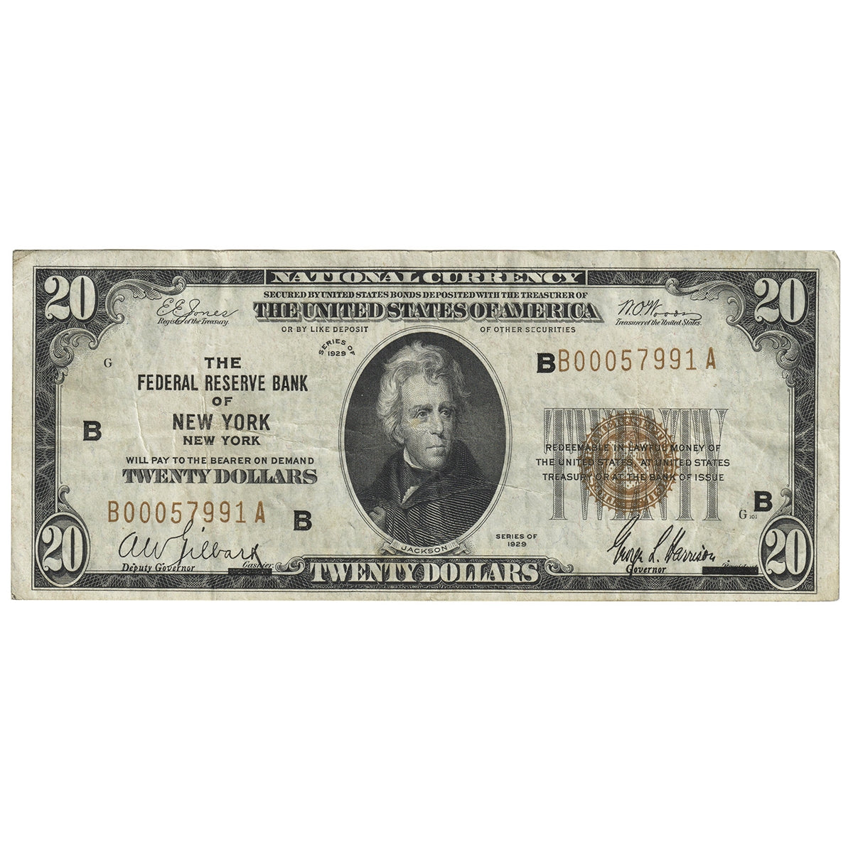 USA 1929 $20 Note, FR #1870B, Jones-Woods, Federal Reserve Bank of New York, VF