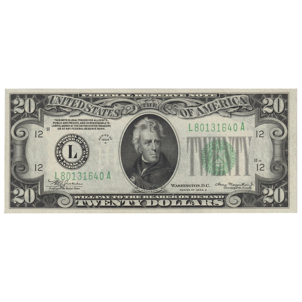 USA 1934A $20 Note, FR #2055L, Julian-Morgenthau, San Francisco, UNC