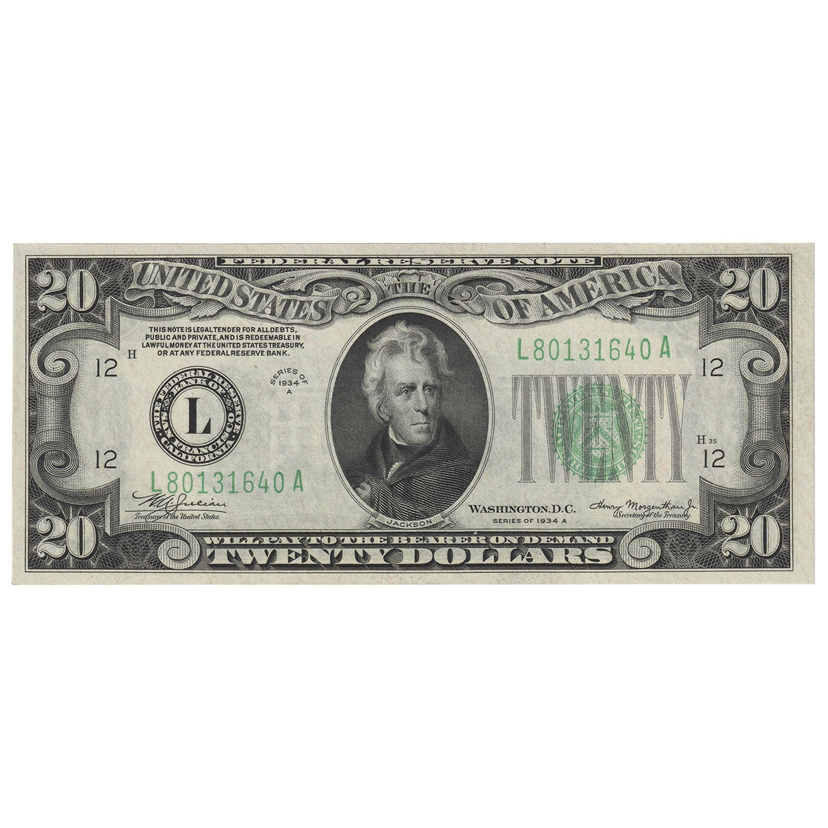 USA 1934A $20 Note, FR #2055L, Julian-Morgenthau, San Francisco, UNC