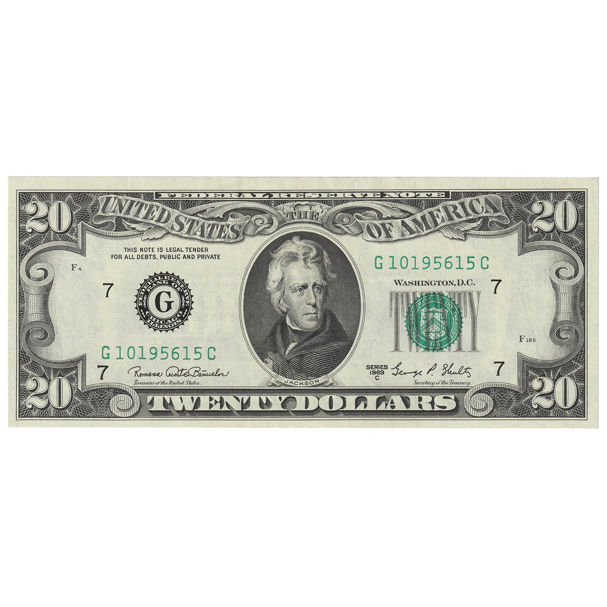 USA 1969C $20 Note, FR #2070G, Banuelos-Shultz, Chicago, UNC