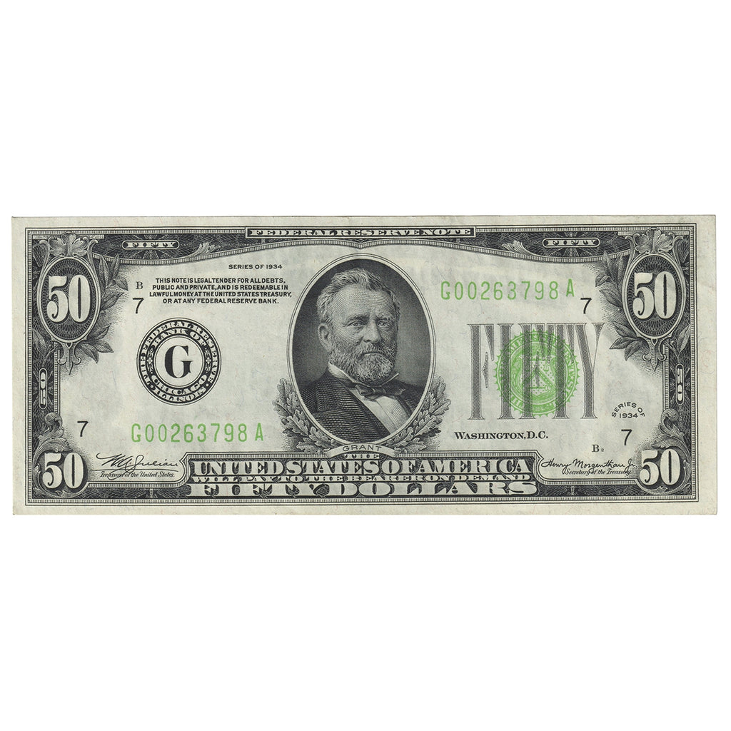 USA 1934 $50 Note, FR #2102G, Julian-Morgenthau, Chicago, EF-AI
