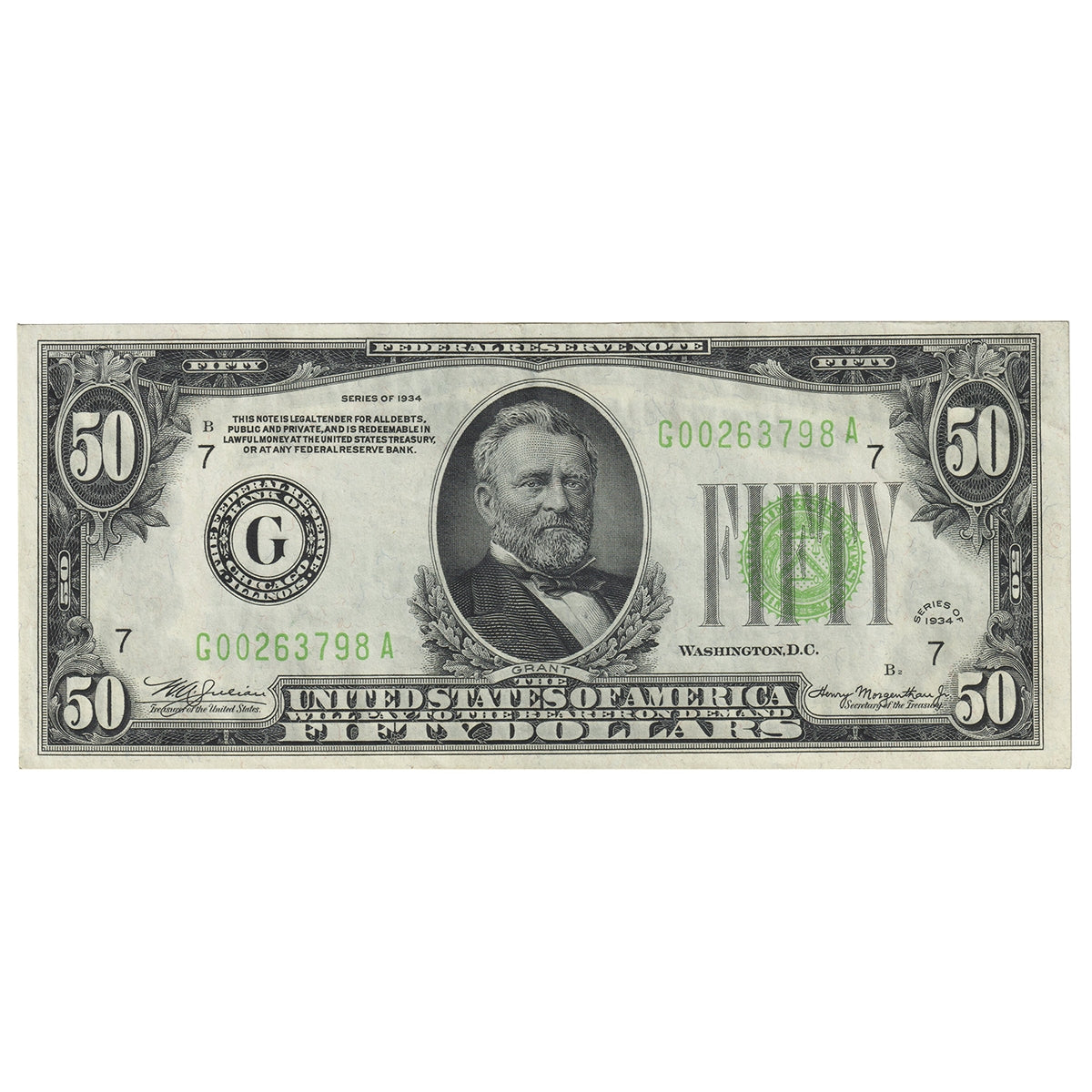 USA 1934 $50 Note, FR #2102G, Julian-Morgenthau, Chicago, EF-AI