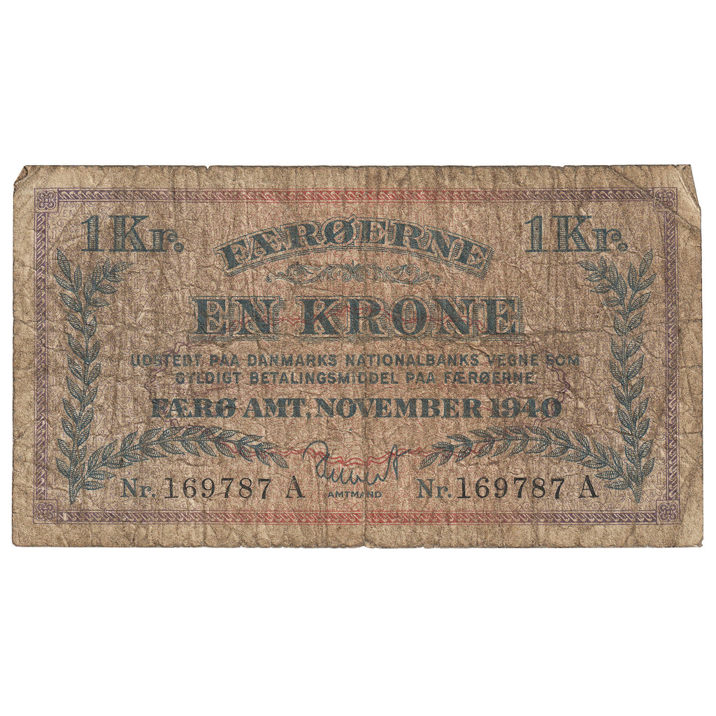 Faeroe Islands 1940 1 Krone Note, Pick #9, VG