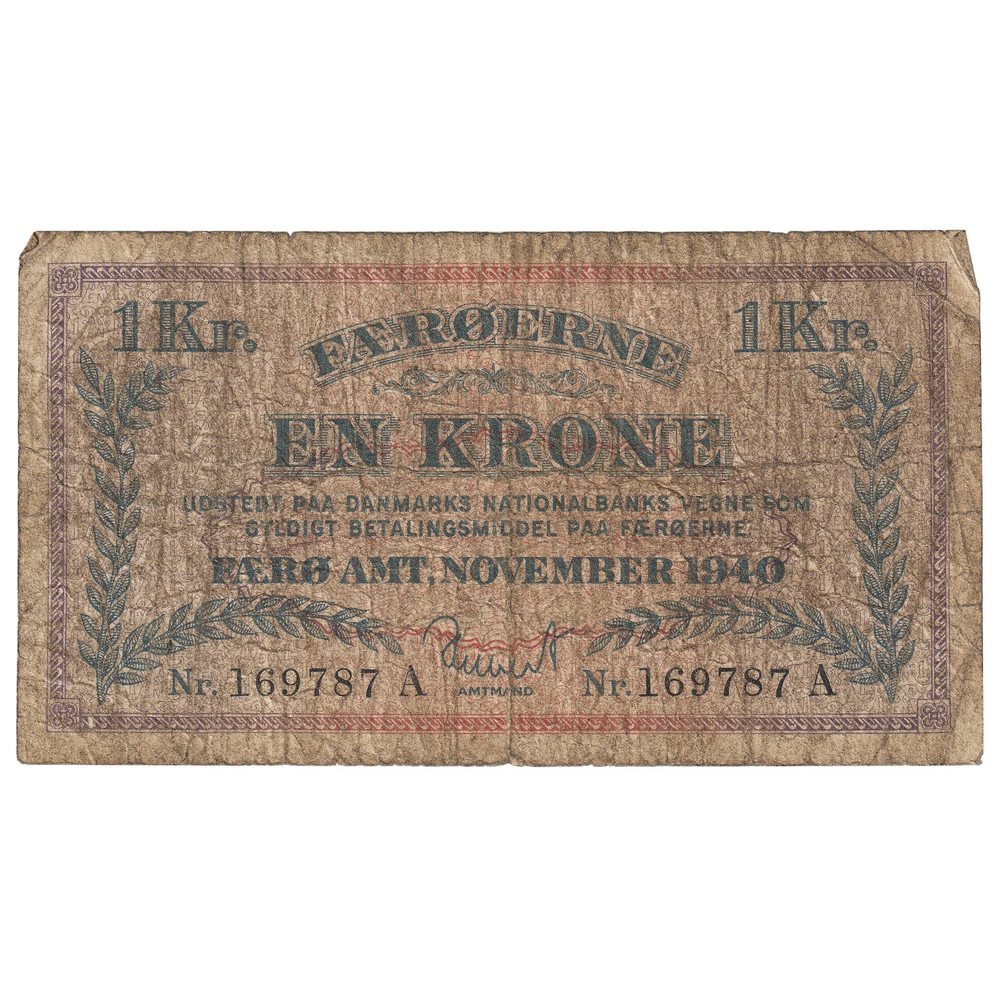 Faeroe Islands 1940 1 Krone Note, Pick #9, VG