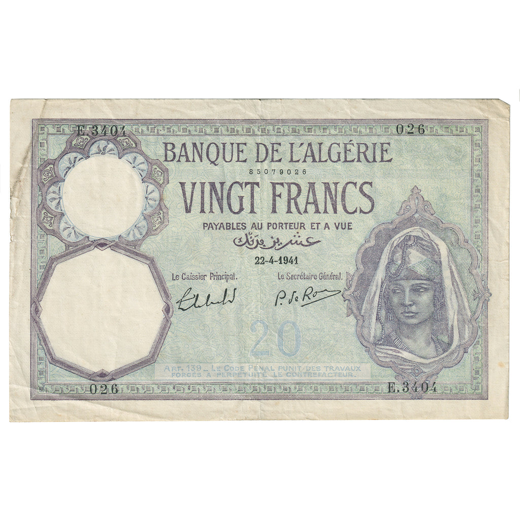 Algeria 1941 20 Francs Note, Pick #78C, VF-EF