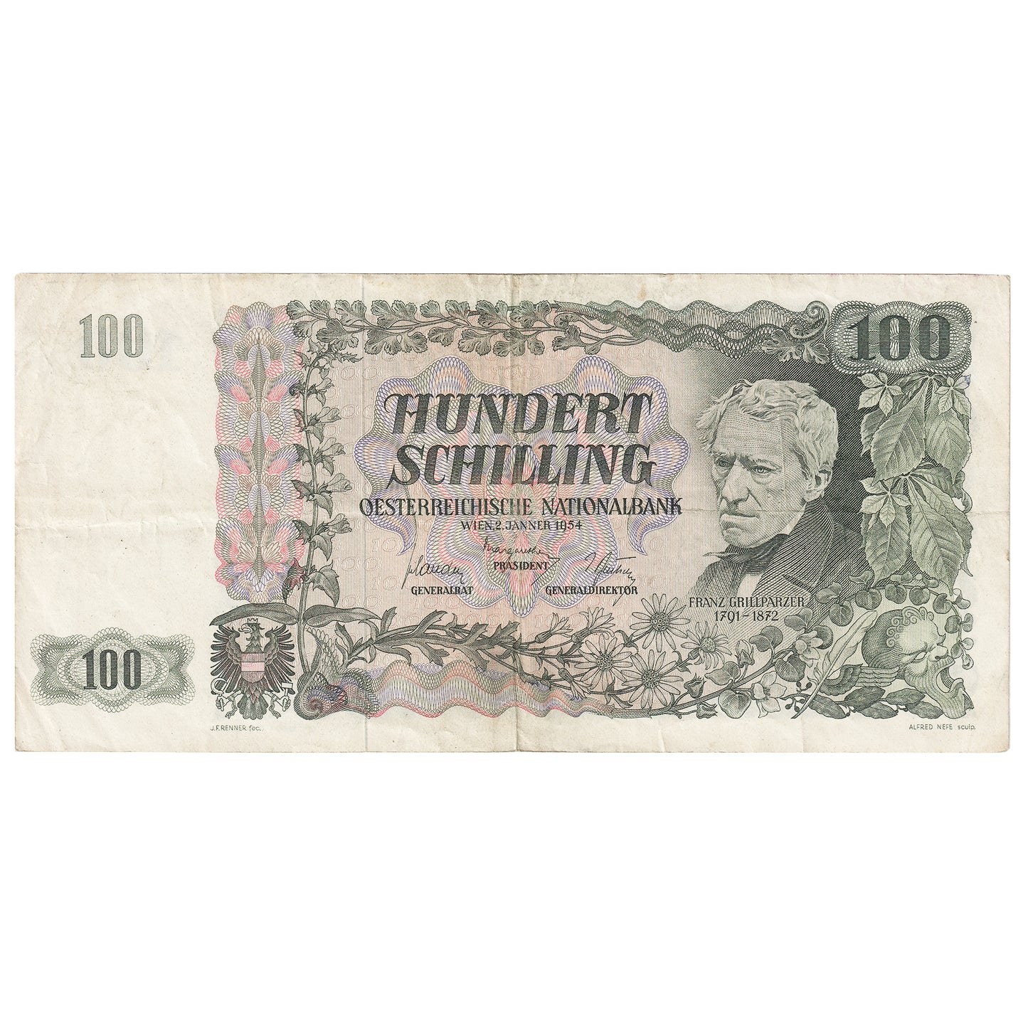 Austria 1954 100 Schilling Note, Pick #133a, VF