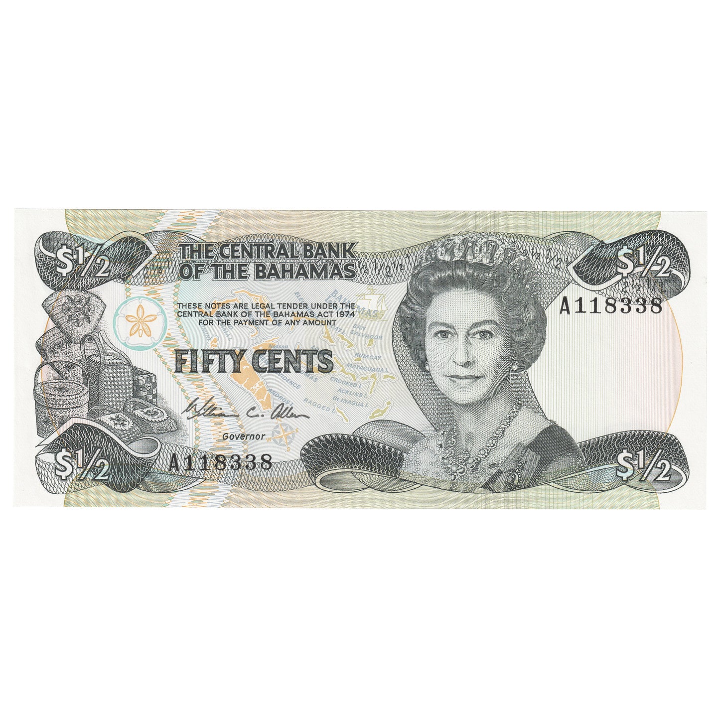 Bahamas L.1974 (1984) 1/2 Dollar Note, Pick #42a, UNC