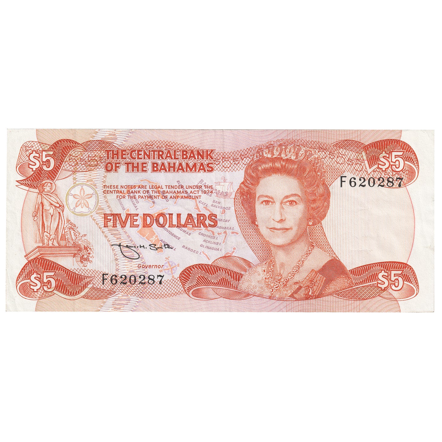 Bahamas L.1974 (1984) 5 Dollar Note, Pick #45b, EF-AU