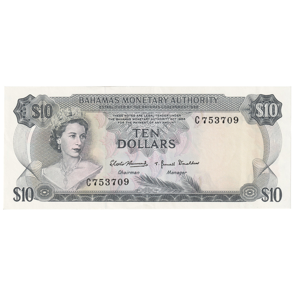 Bahamas L.1968 10 Dollar Note, Pick #30a, AU