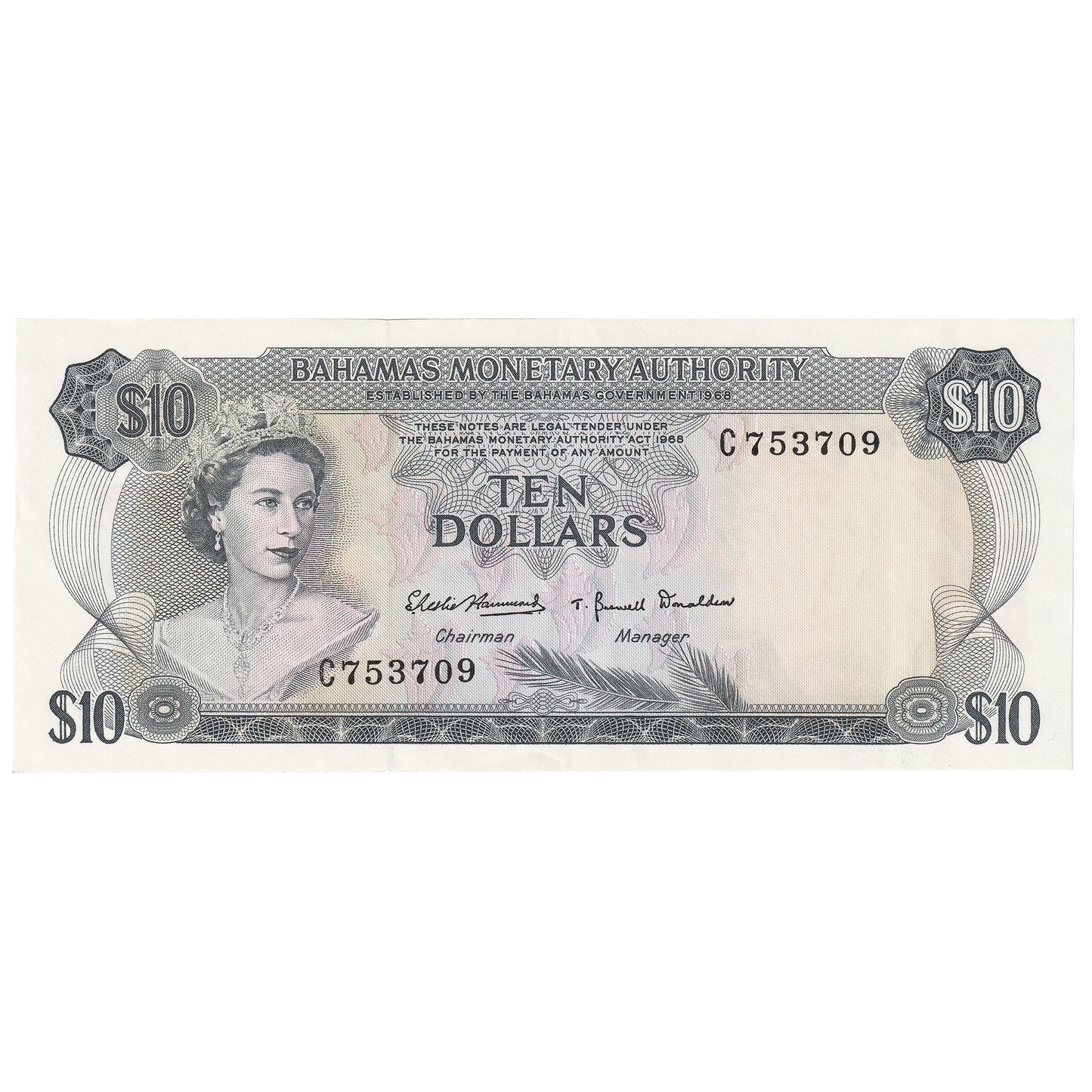 Bahamas L.1968 10 Dollar Note, Pick #30a, AU