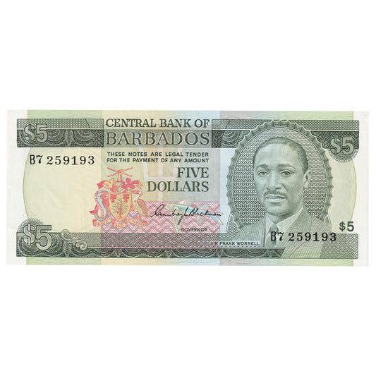 Barbados 5 Dollar Note, Pick #32a, UNC